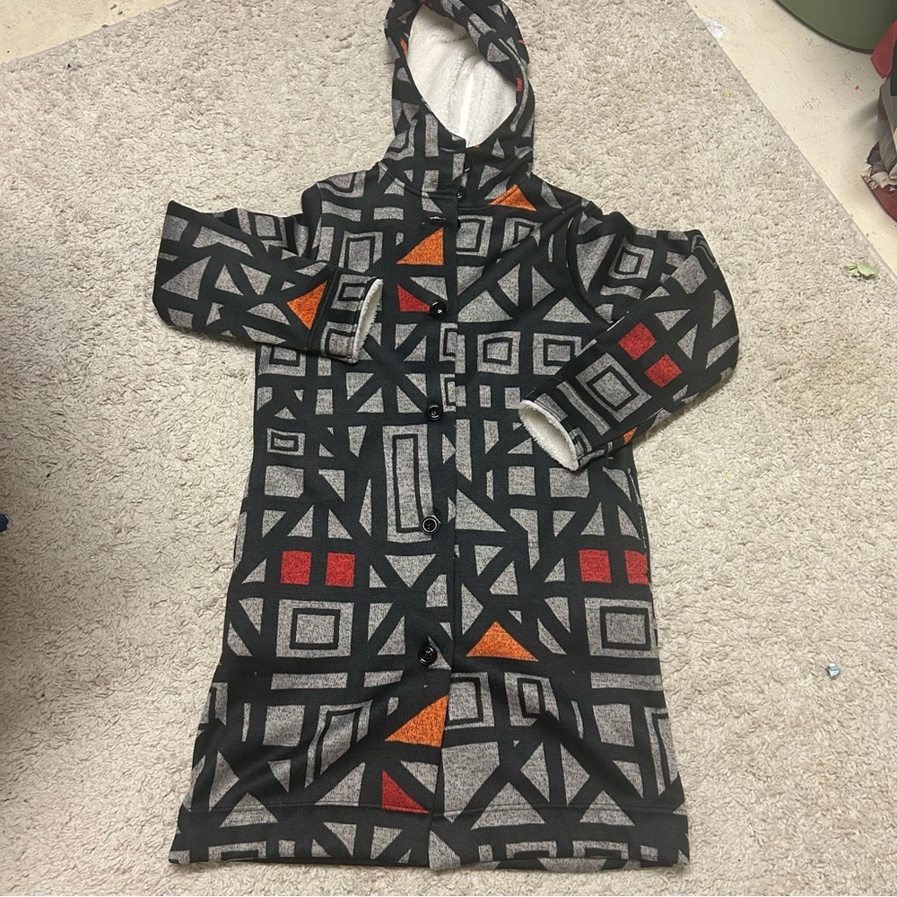Graniph Geometric Print Hooded Coat Fleece Lined Button Front Jacket US M Pocket